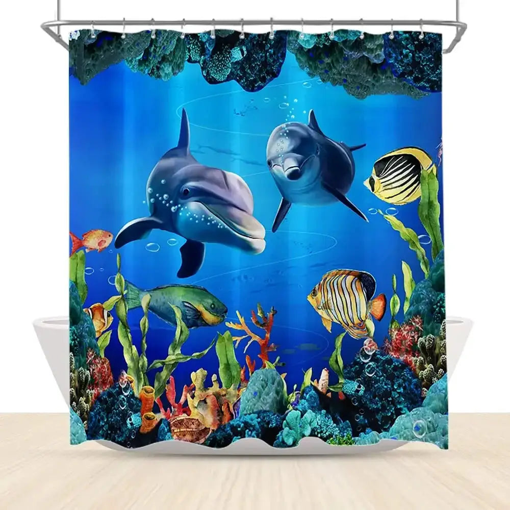 Dolphin Shower Curtain Sea Theme Shower Curtain Hook Washable Dolphin Waterproof 3D Animals Shower Curtain for Bathroom Decor from PriceLows™