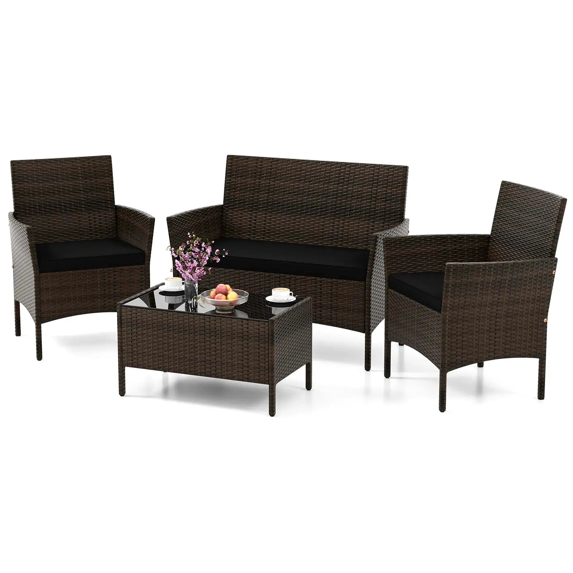 4 PCS Patio Furniture Set with Washable Cushions and Tempered Glass Coffee Table Black from PriceLows™