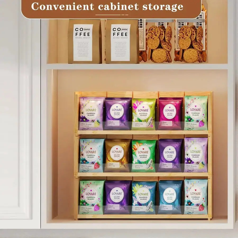 Bamboo Tea Bag Organizer Storage Box, 3 Tier Stackable Tea Bag Box Natural Wood, Wall Mount Tea Chests with Acrylic for tea bags from PriceLows™