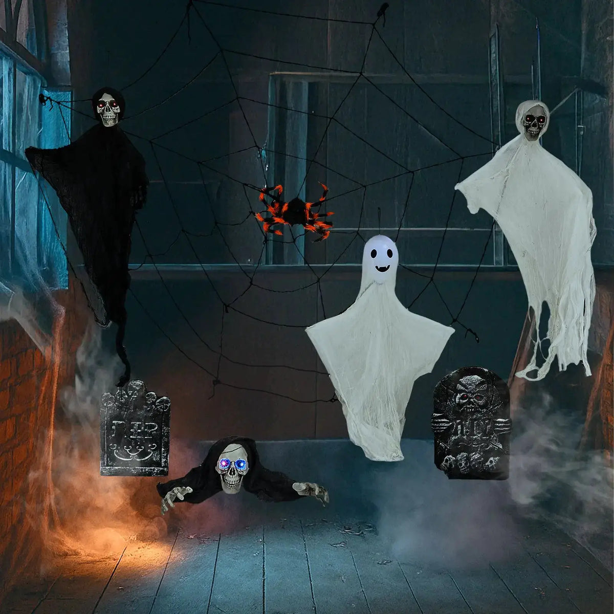 Outdoor Halloween Decor Set | 3 Hanging Ghosts | Plastic Gravestone | 8 Piece