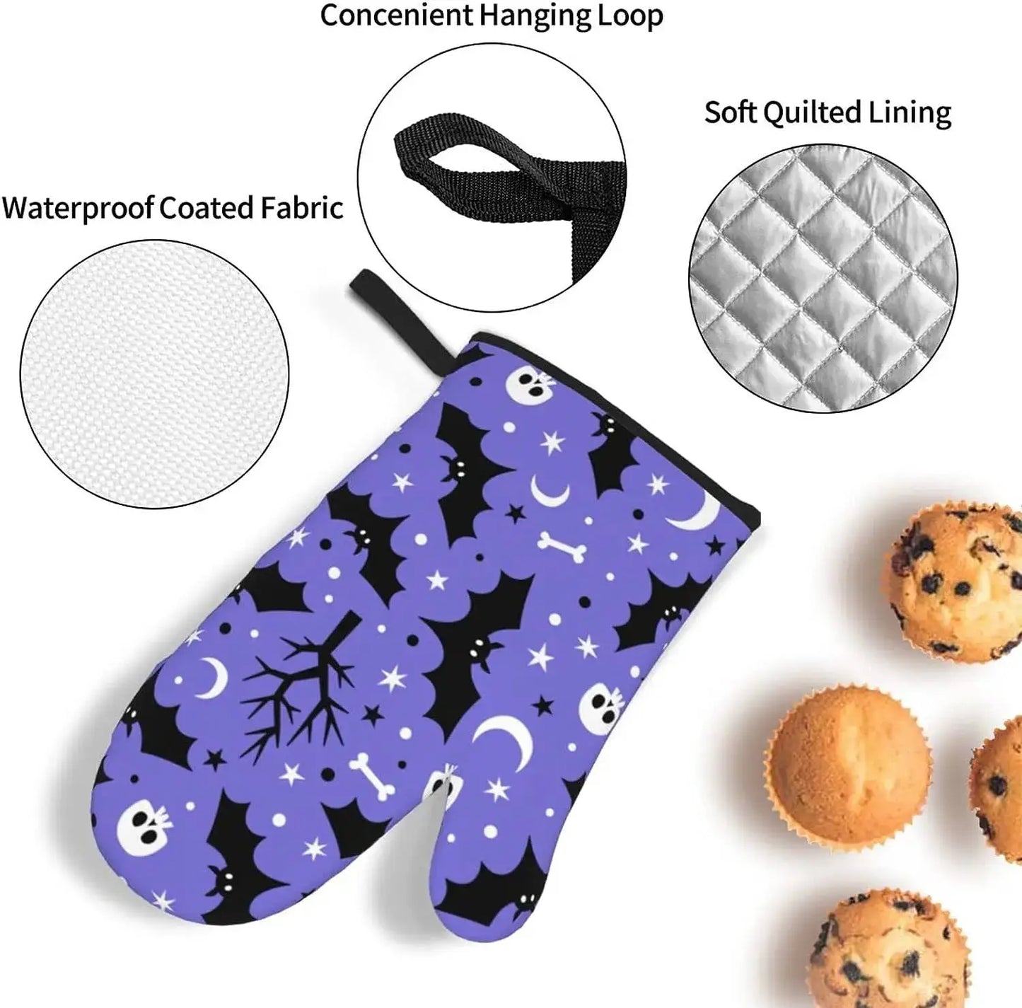 Oven Mitts And Pot Holders | 4 Piece | Halloween Bat Skull Moon Star | Non Slip