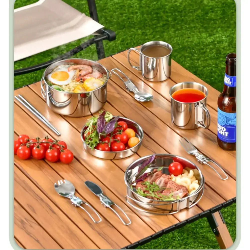 12PCS Adventure Camp Cook Set Camping Pots and Pans Family Cookset Non-toxic 304 Stainless Steel Kitchenware Set Foldable from PriceLows™