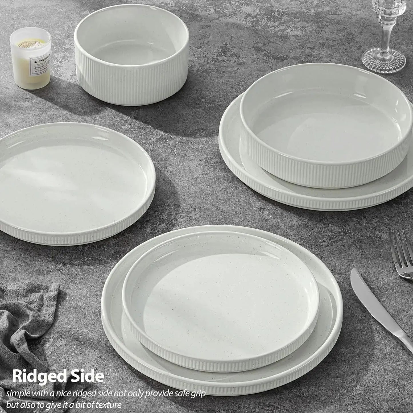 Dinnerware Sets with Pasta Bowls for 4, 16 Piece Stoneware Plates and Bowls Set, Speckled White from PriceLows™