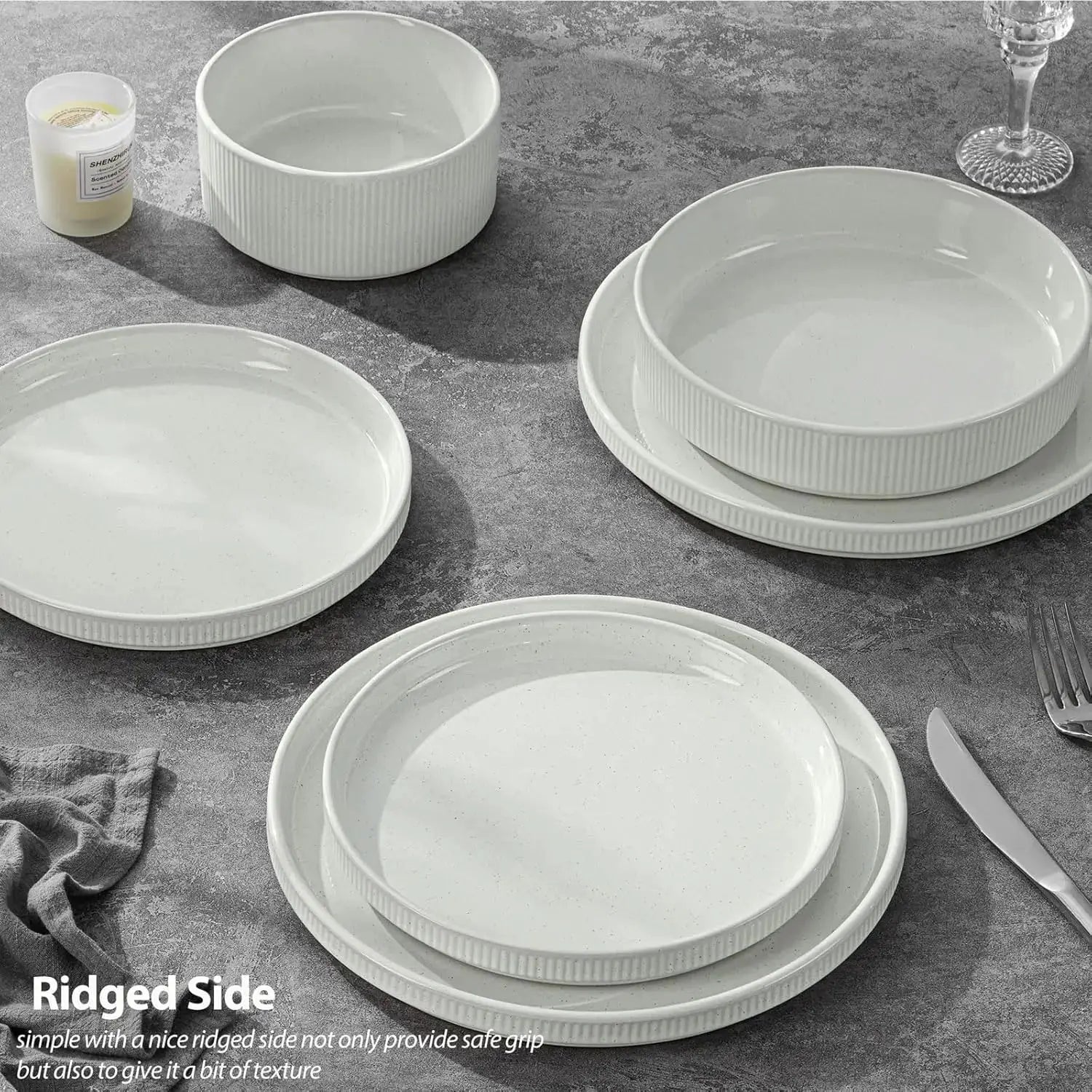 Dinnerware Sets with Pasta Bowls for 4, 16 Piece Stoneware Plates and Bowls Set, Speckled White from PriceLows™