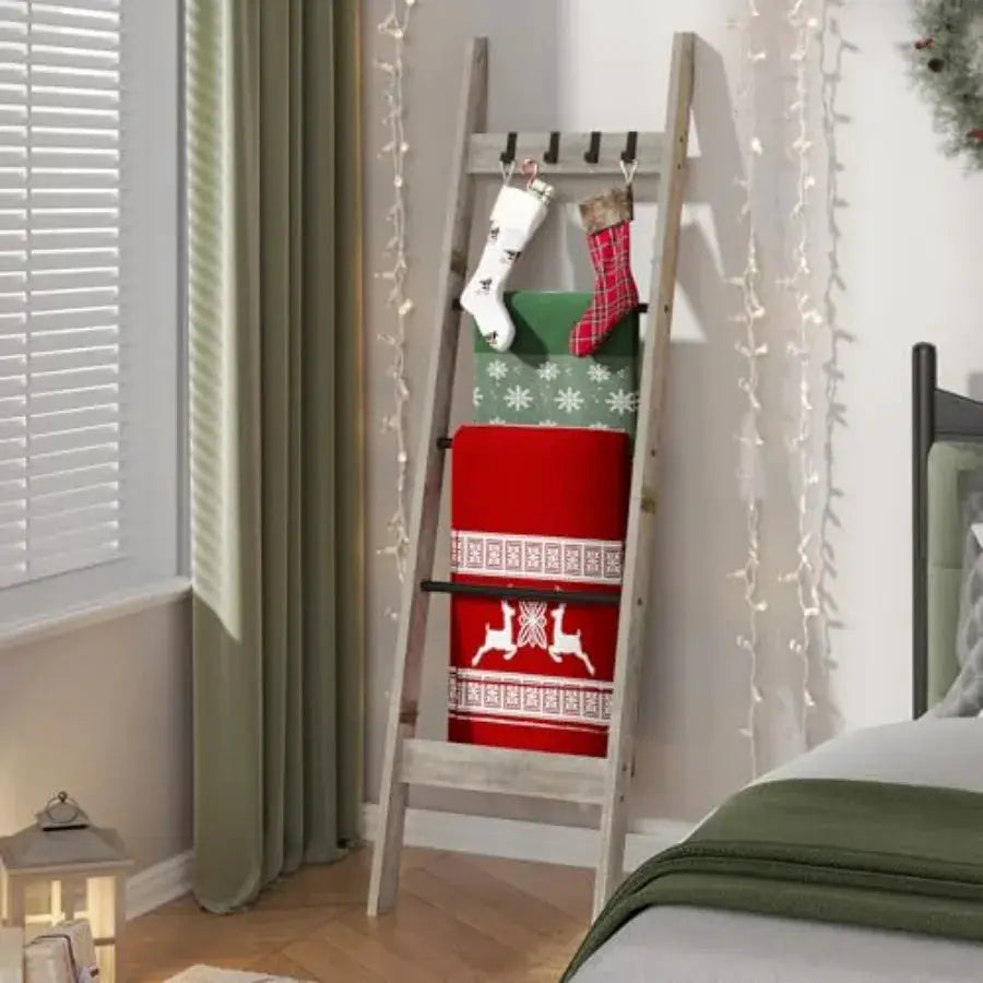 Blanket Ladder for Living Room, Decorative Quilt Rack with 4 Removable Hooks, 5-Tier Farmhouse Ladder Holder Shelf Organizer fo from PriceLows™