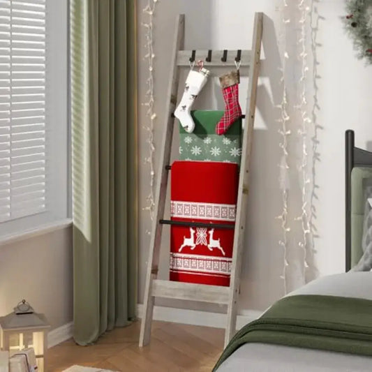 Blanket Ladder for Living Room, Decorative Quilt Rack with 4 Removable Hooks, 5-Tier Farmhouse Ladder Holder Shelf Organizer fo from PriceLows™