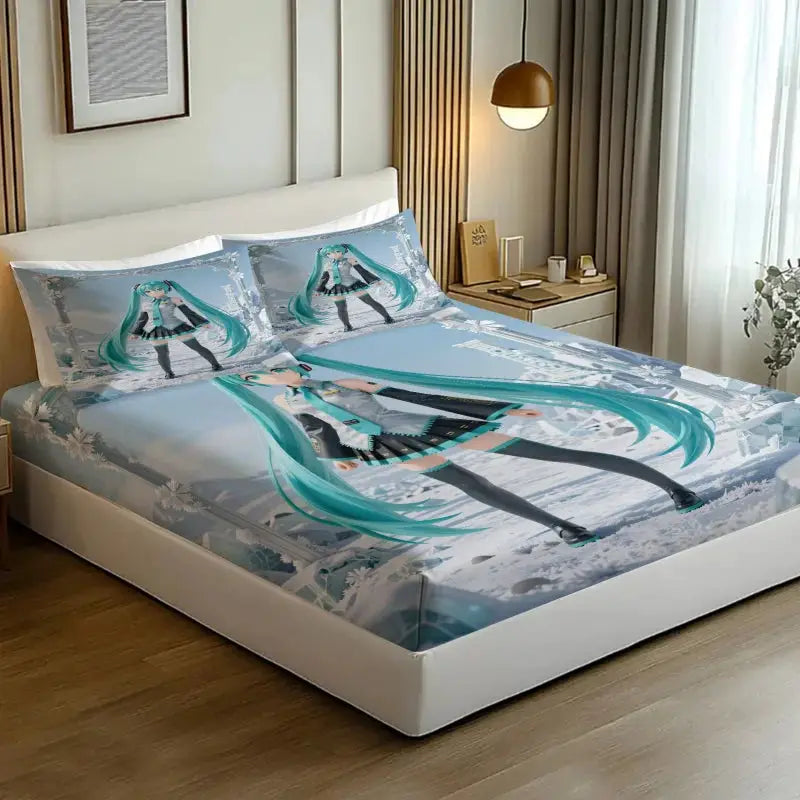 3Pcs Hatsune Miku Fitted Sheet Set with 2 Pillowcases Ice Palace Anime Bedding Set Soft Deep Pocket for Fan & Teen Bedroom Decor from PriceLows™