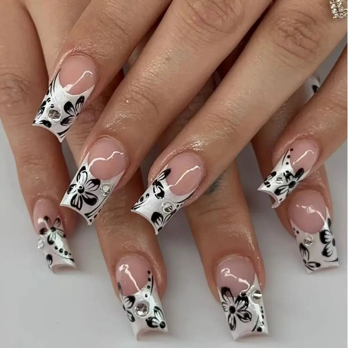 Press On Nails | Resin Coffin Shape | French Floral Print | 24 Pieces