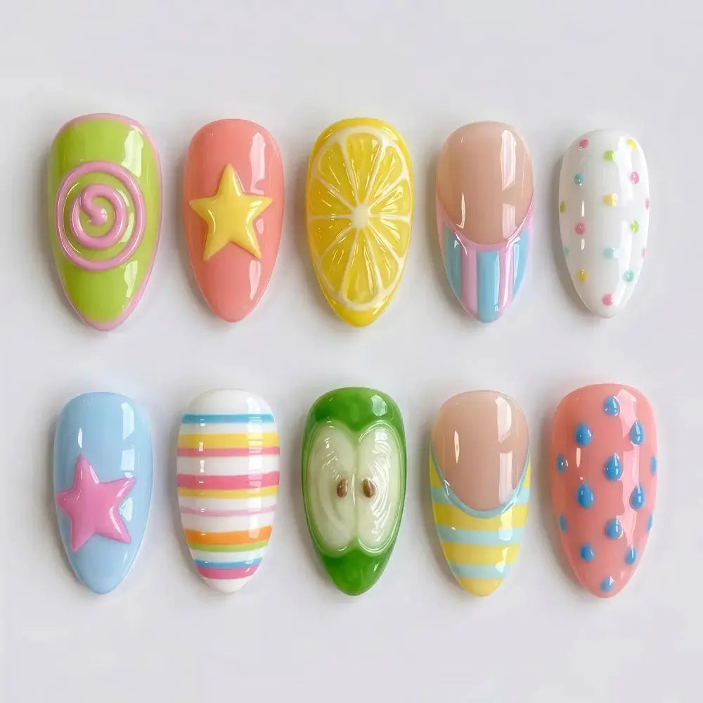 Press On Nails | Almond Shape | Green Lotus Frog Design | 24 Piece Kit