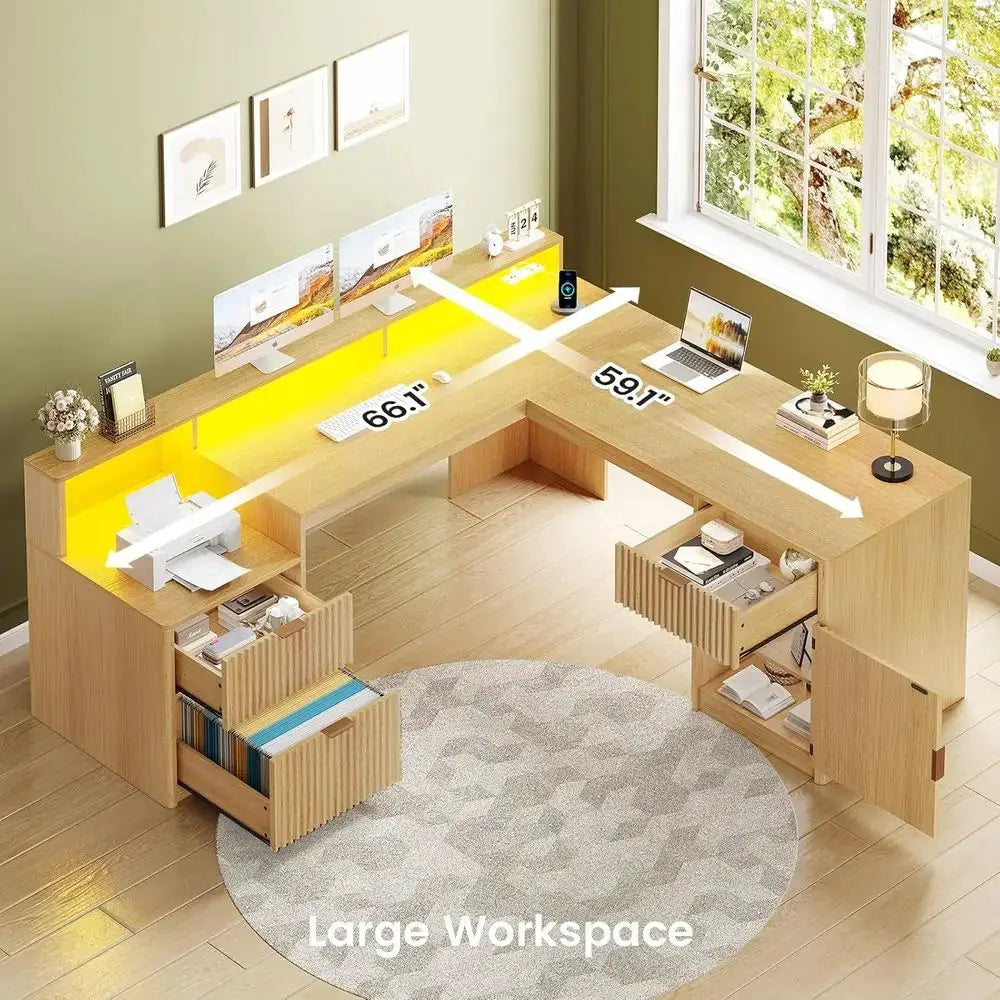 66 Large L-Shaped Desk with Drawers, Hutch, File Cabinet, Printer Shelf, Wood Executive Desk with Monitor Stand, Power Outlets, from PriceLows™