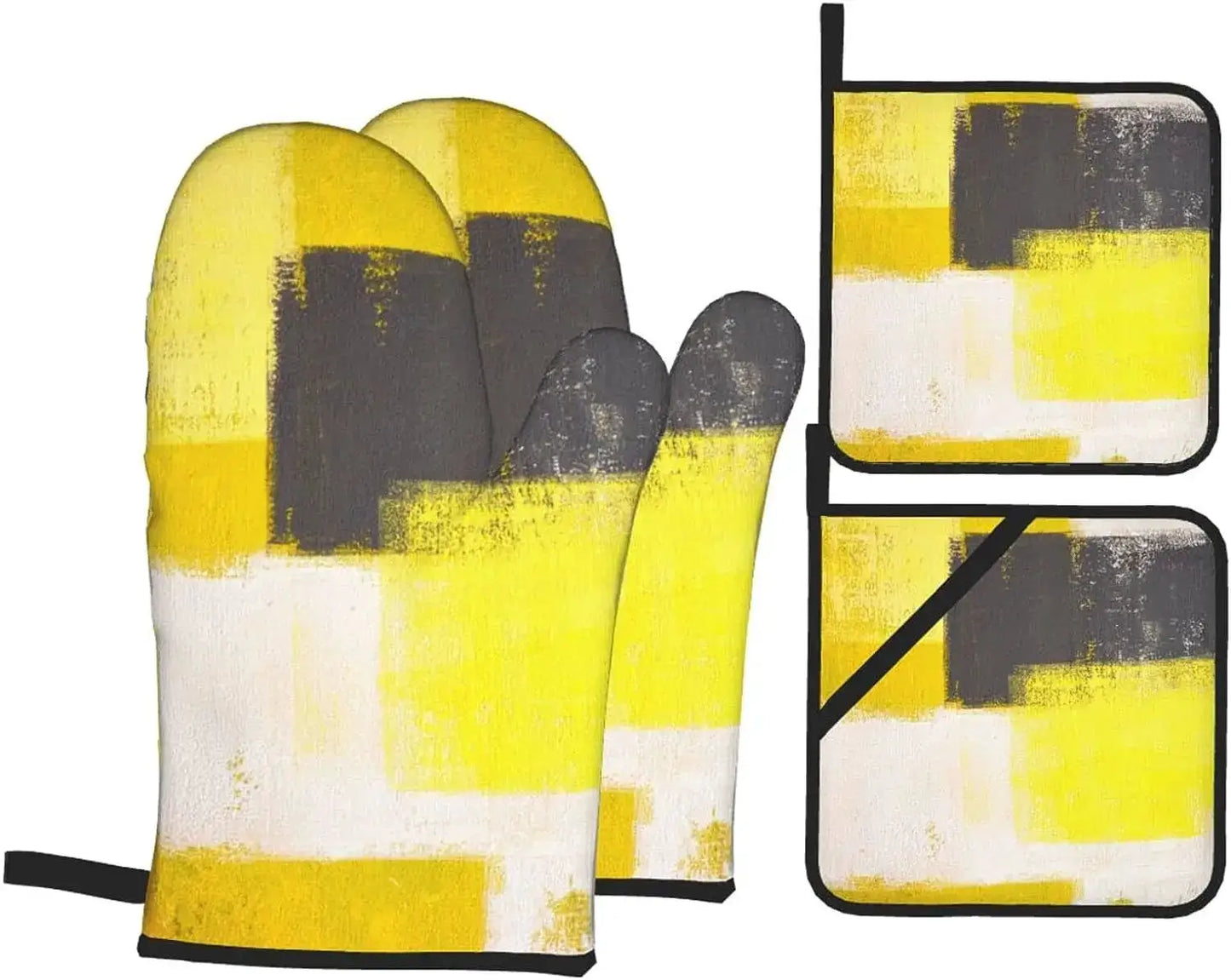 Oven Mitts Set | Abstract Art Blue Grey | Polyester Heat Resistant | 4-Piece Set