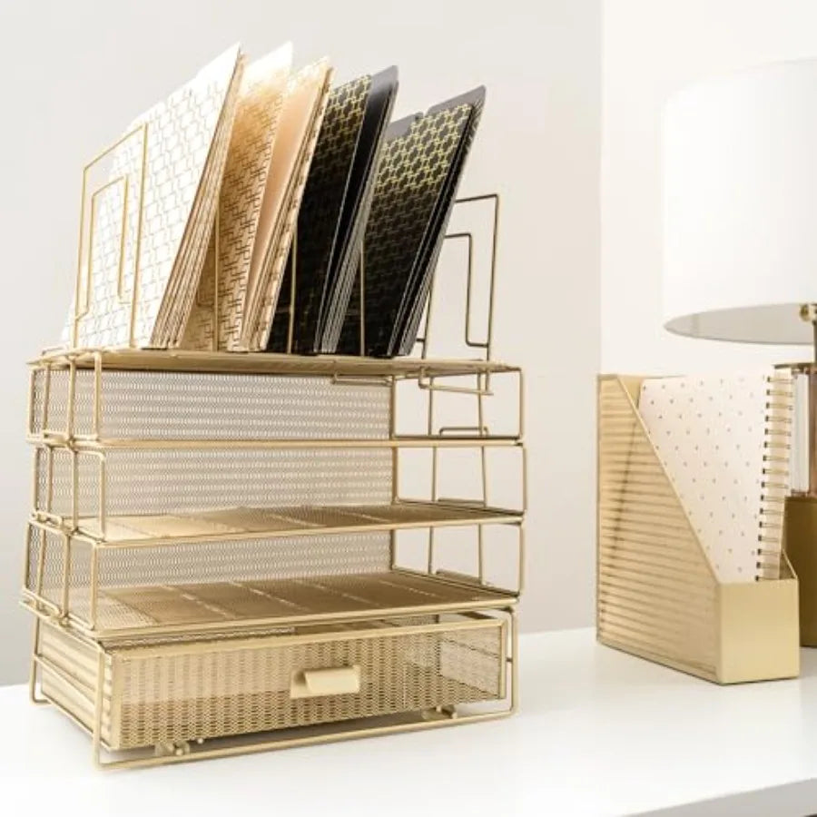 Desk Organizer Set | Gold Finish | 3 Stackable Trays With Drawer | One Size