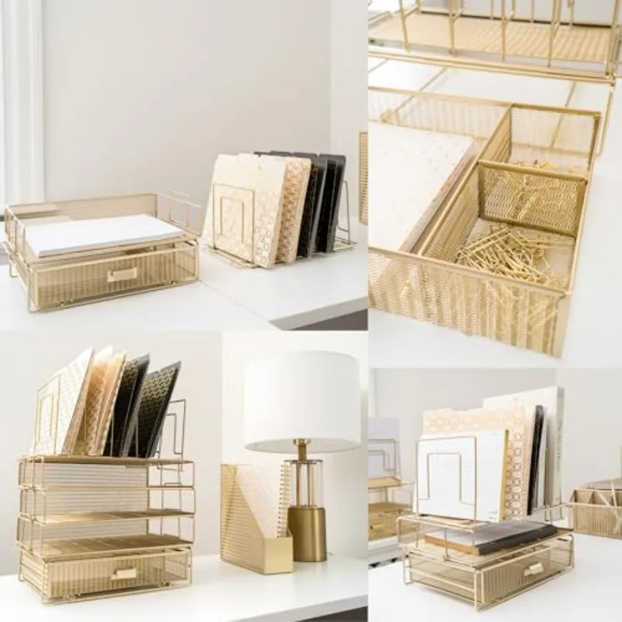 Desk Organizer Set | Gold Finish | 3 Stackable Trays With Drawer | One Size