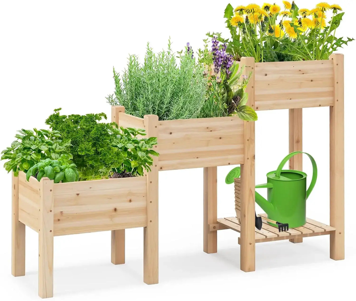 3-Tire Raised Garden Bed, Wooden Raised Planter Box with 3 Planter Boxes, Drainage Holes, Open Storage Shelf, Outdoor Ga from PriceLows™