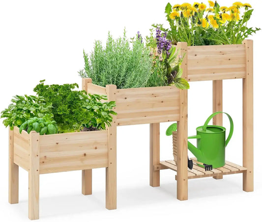 3-Tire Raised Garden Bed, Wooden Raised Planter Box with 3 Planter Boxes, Drainage Holes, Open Storage Shelf, Outdoor Ga from PriceLows™