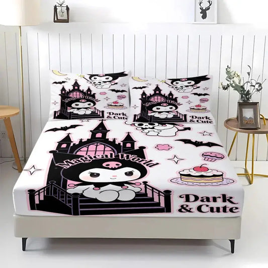 Sanrio Kuromi Magical Castle Fitted Sheet Set Cute Dark Anime Bed Sheet Pillowcases Girl Bedroom Soft Cartoon Mattress Protector from PriceLows™