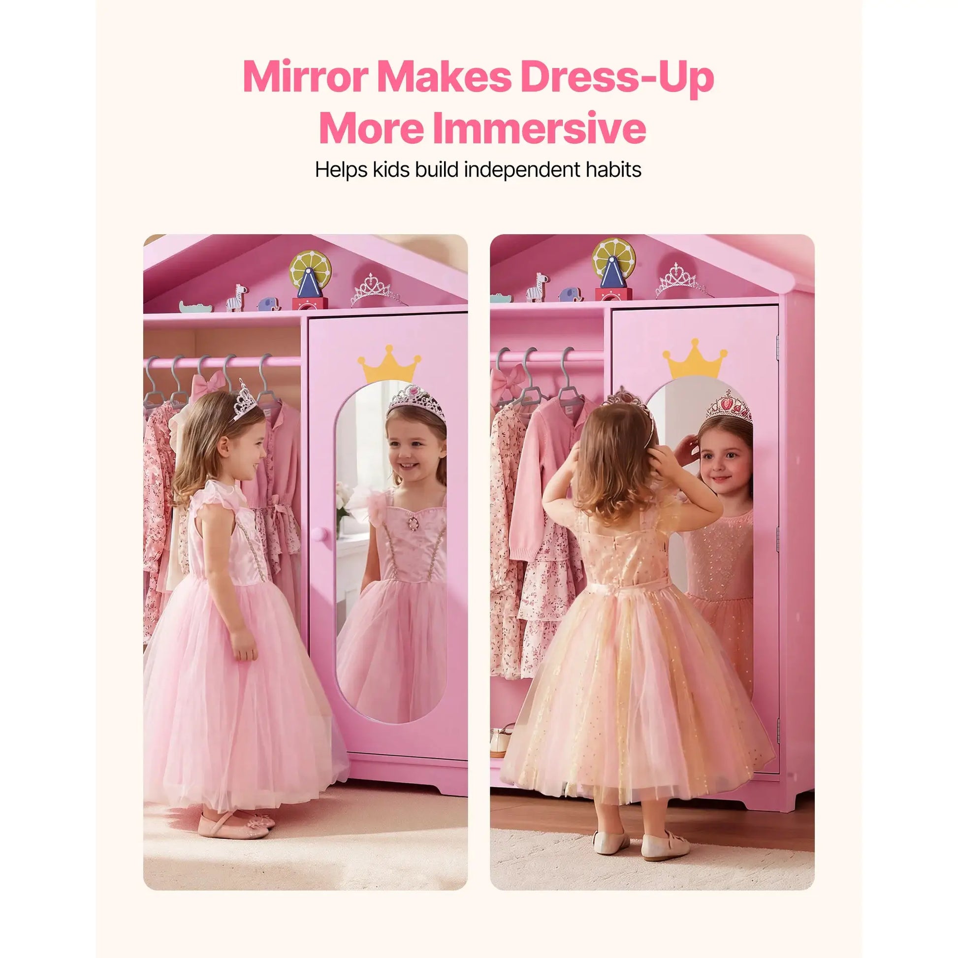 SucceBuy Kids Dress Up Storage with Mirror & Dress Up Closet Kids Armoire Wardrobe Costume Organizer for Girls Toddler Bedroom from PriceLows™