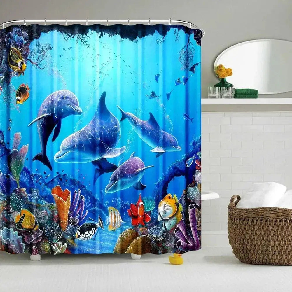 Ocean Underwater World Shower Curtains Set Dolphin Animal Cheerful Marine Life Scenery Polyester Fabric For Kids Bathroom Decor from PriceLows™