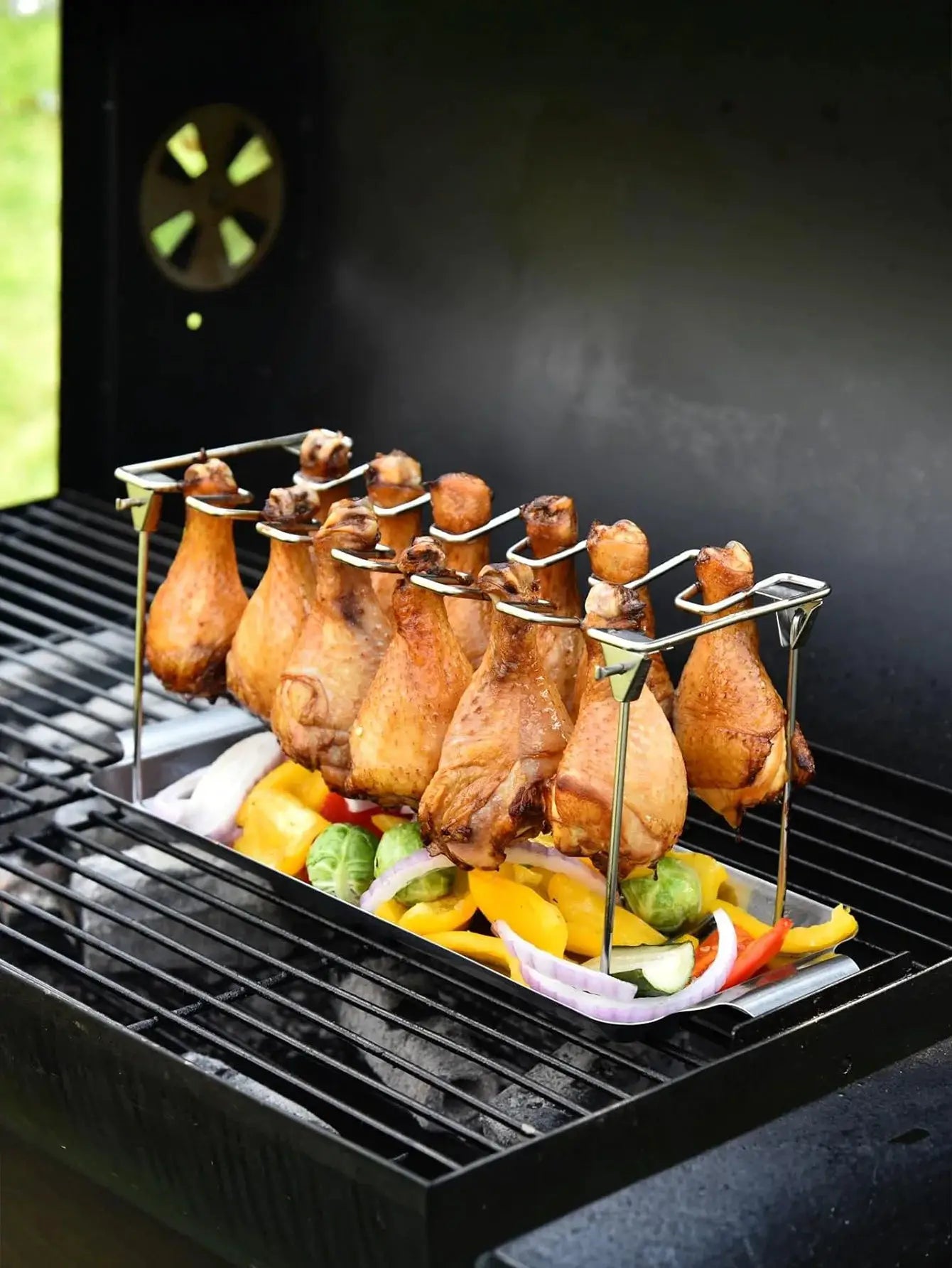 Chicken Leg Rack For Grill | 14 Slots | Stainless Steel | Drip Tray Included
