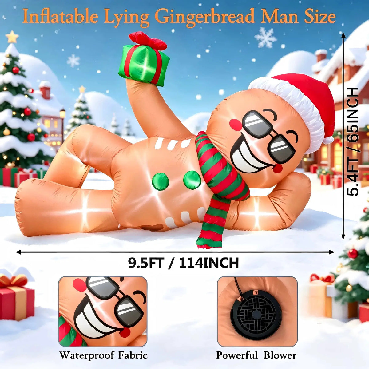 Christmas Inflatable Lying Gingerbread Man | Sunglasses | 9.5 FT LED Lights