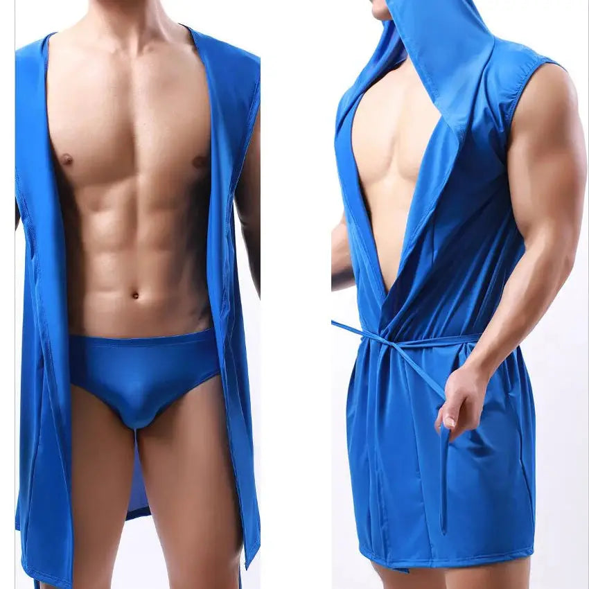 Men Hooded Bathrobe | Sleeveless Cut | Lightweight Mesh | Solid Pattern