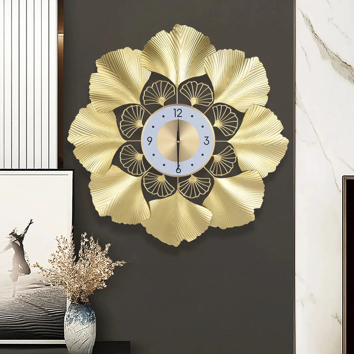 Ginkgo Biloba Wall Clock 70cm Large Nordic Light Luxury Design, White Gold Iron Silent Non-Ticking Battery Operated Living Room from PriceLows™