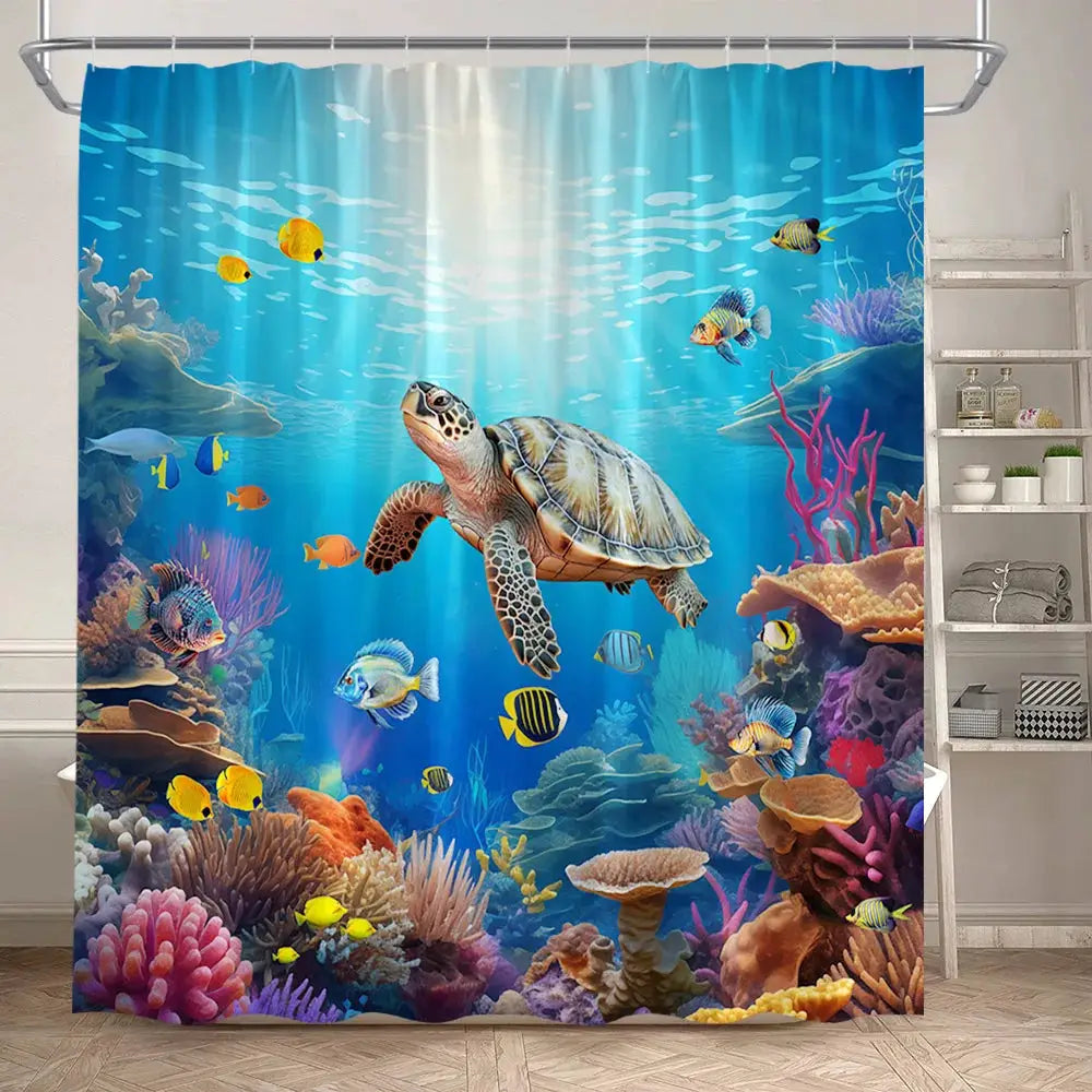 Ocean Animals Sea Turtle Shower Curtains Tropical Fish Coral Underwater Nature Scenery Child Bath Curtain Home Bathroom Decor from PriceLows™