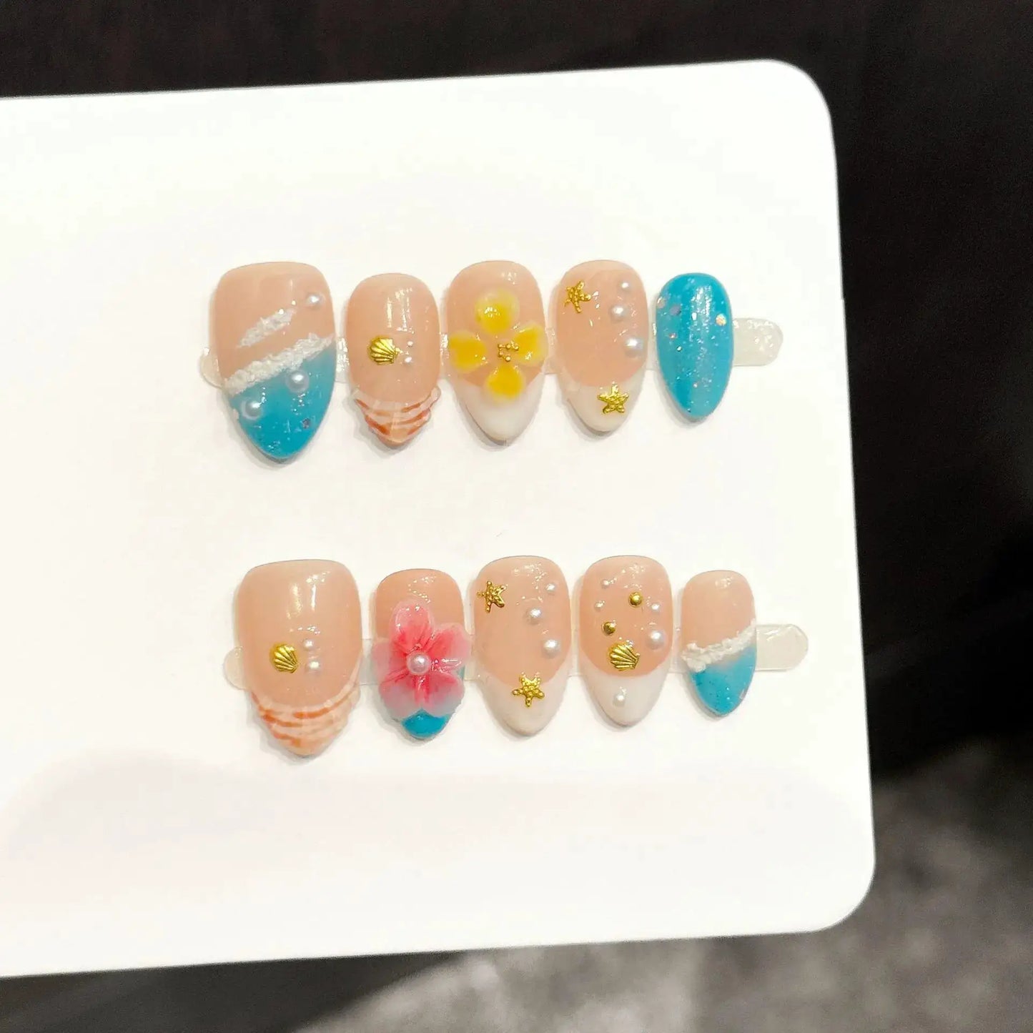 Press On Nails | 3D Flower Almond | Handmade Ballet Grey | 10 Piece Set