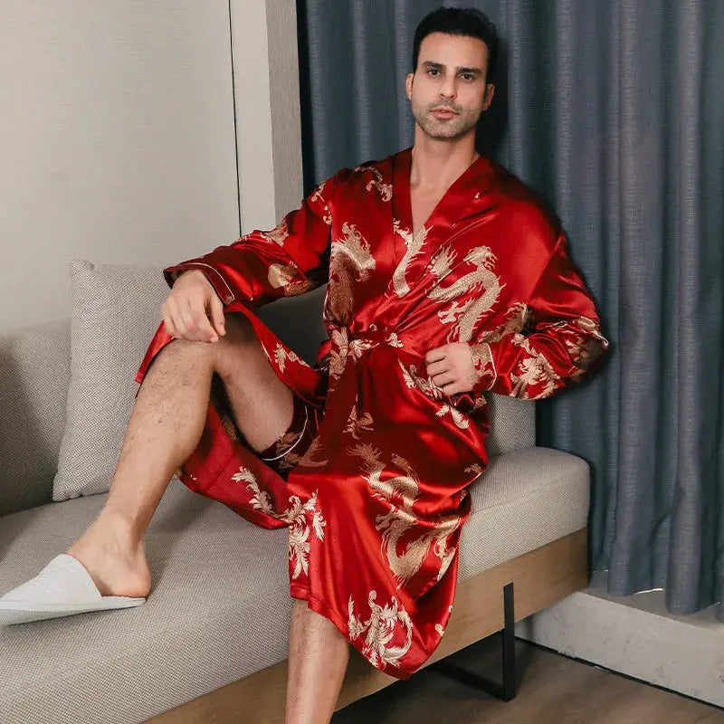 Men Satin Robe | Long Sleeve | Shawl Collar | Printed Design