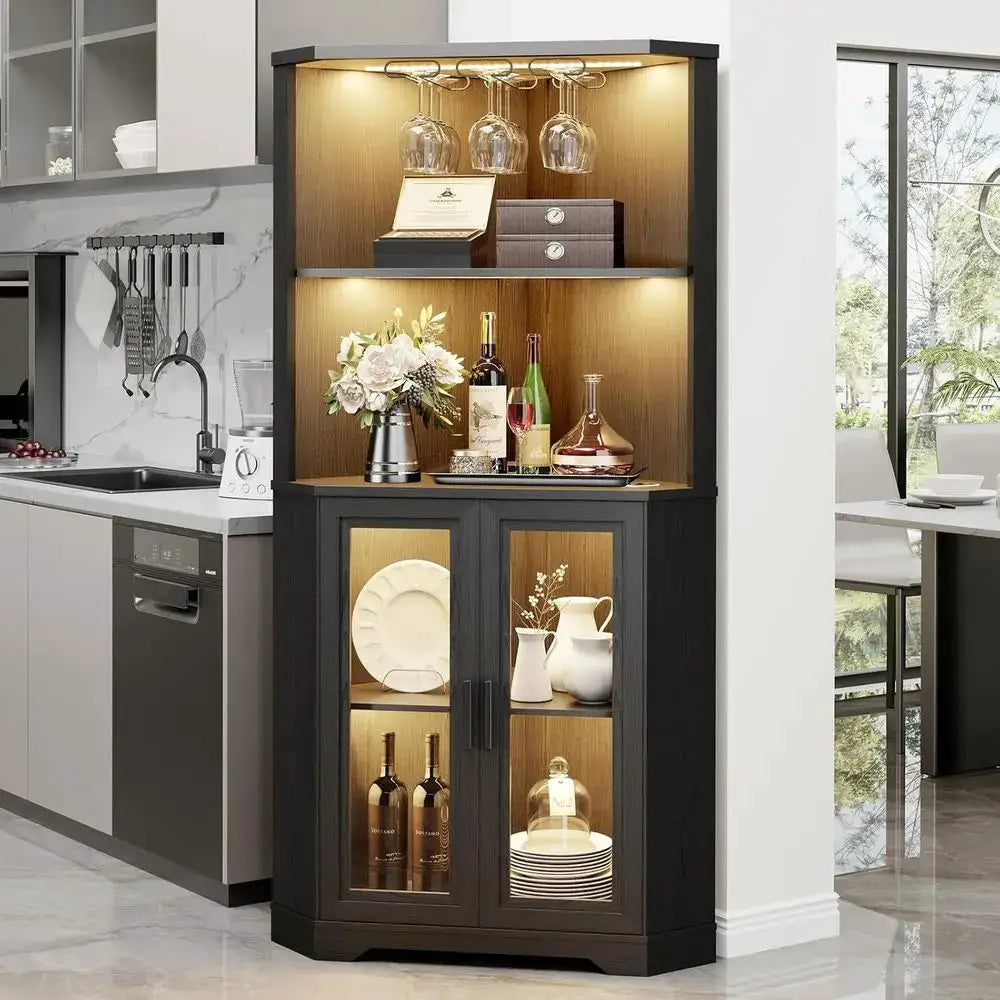 65 Tall LED-lit Wine Cabinet with Glass Holder and Tempered Glass Door for Bar or Dining Room, Black from PriceLows™