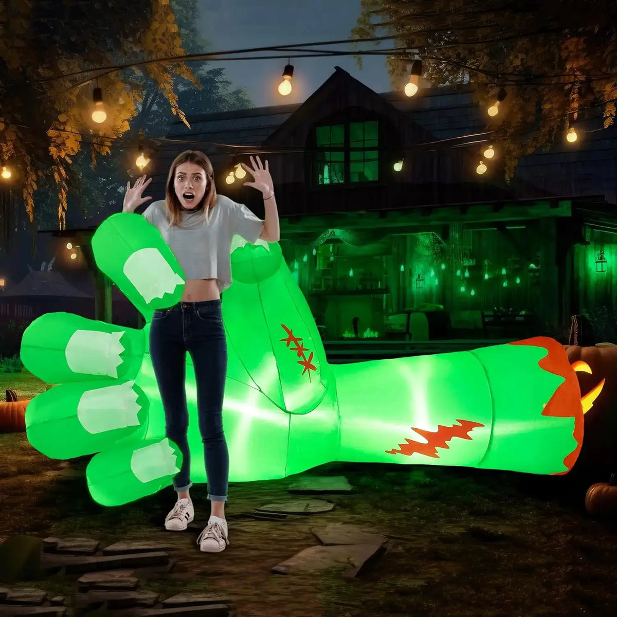 Giant Zombie Arm Inflatable | 9 Foot Long | Built In Led | Neon Green