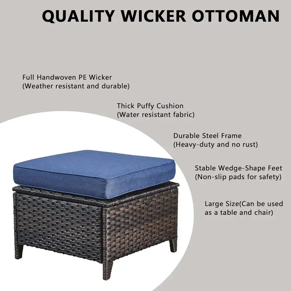 3-Piece Outdoor Wicker Patio Furniture Set with Sofa and 2 Ottomans - Rattan Garden Deck Seating (Brown/Blue) from PriceLows™