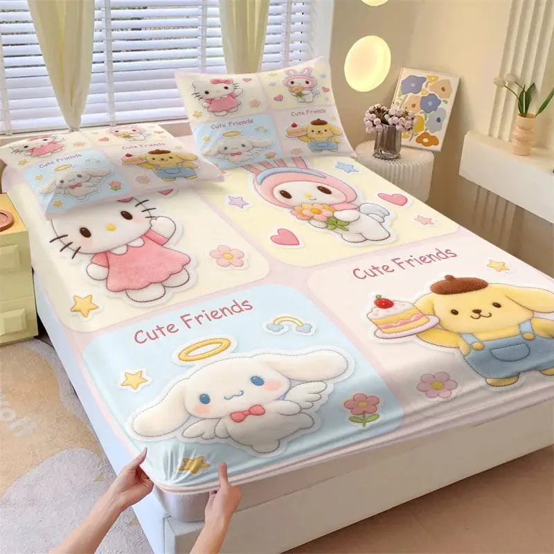 Sanrio Hello Kitty My Melody Cinnamoroll Pompompurin Fitted Sheet Set Kawaii Cute Cartoon Bed Sheet Pillowcases for Girl Bedroom from PriceLows™