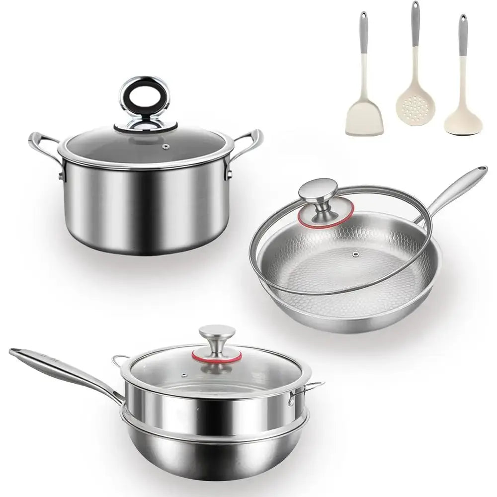 3-Piece Hammered Nonstick Cookware Set: Pan, Soup Pot, Wok with Steamer, Even Heat, All Cooktops Compatible from PriceLows™