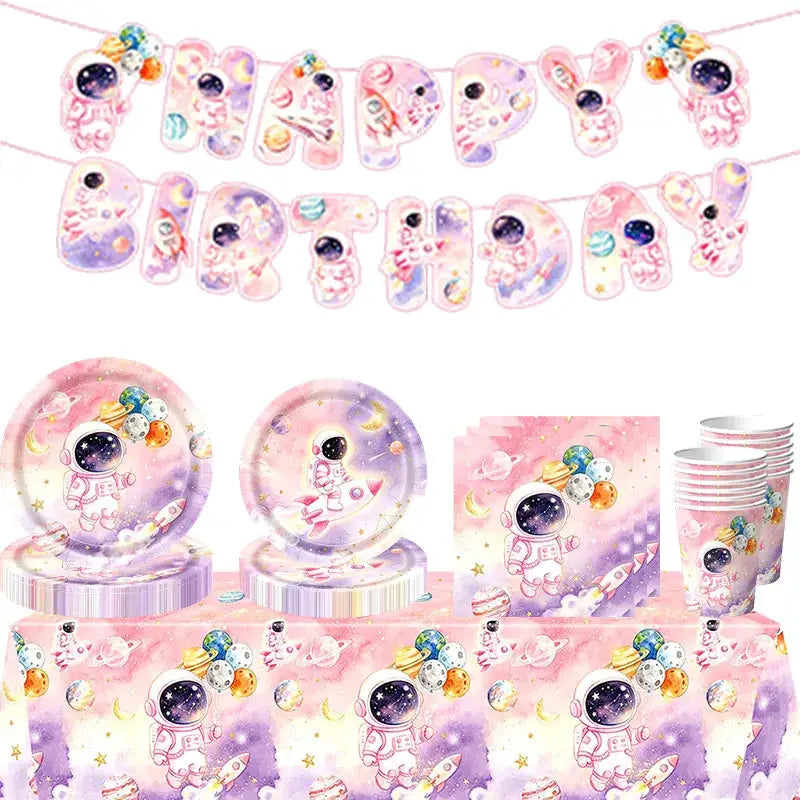 Astronaut Birthday Party Set | 61 Pcs Cup Plates Tablecloth