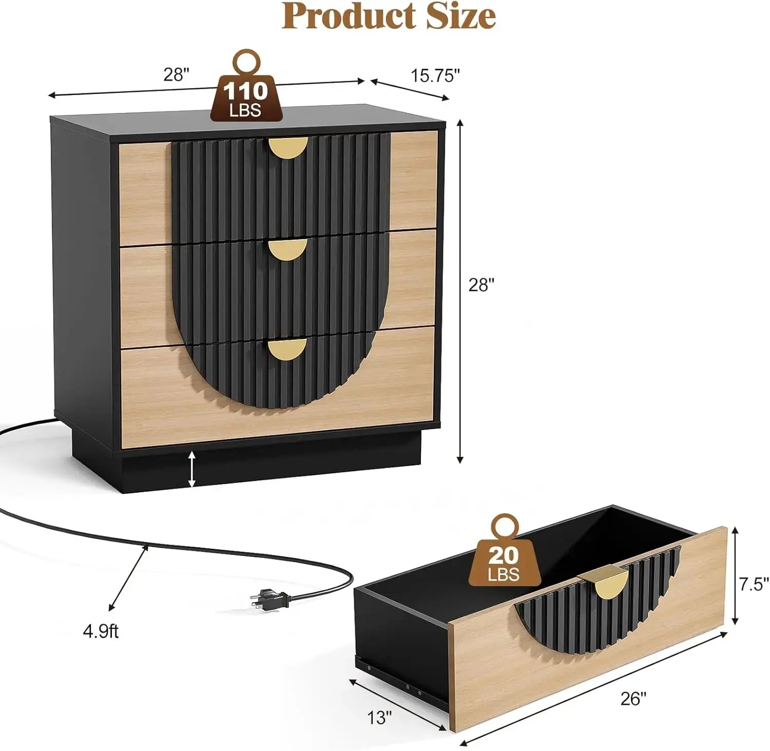 3 Drawer Nightstand with Charging Station, 28" Fluted Night Stand & Modern Bedside Table, Wood End Table Storage Cabinet from PriceLows™