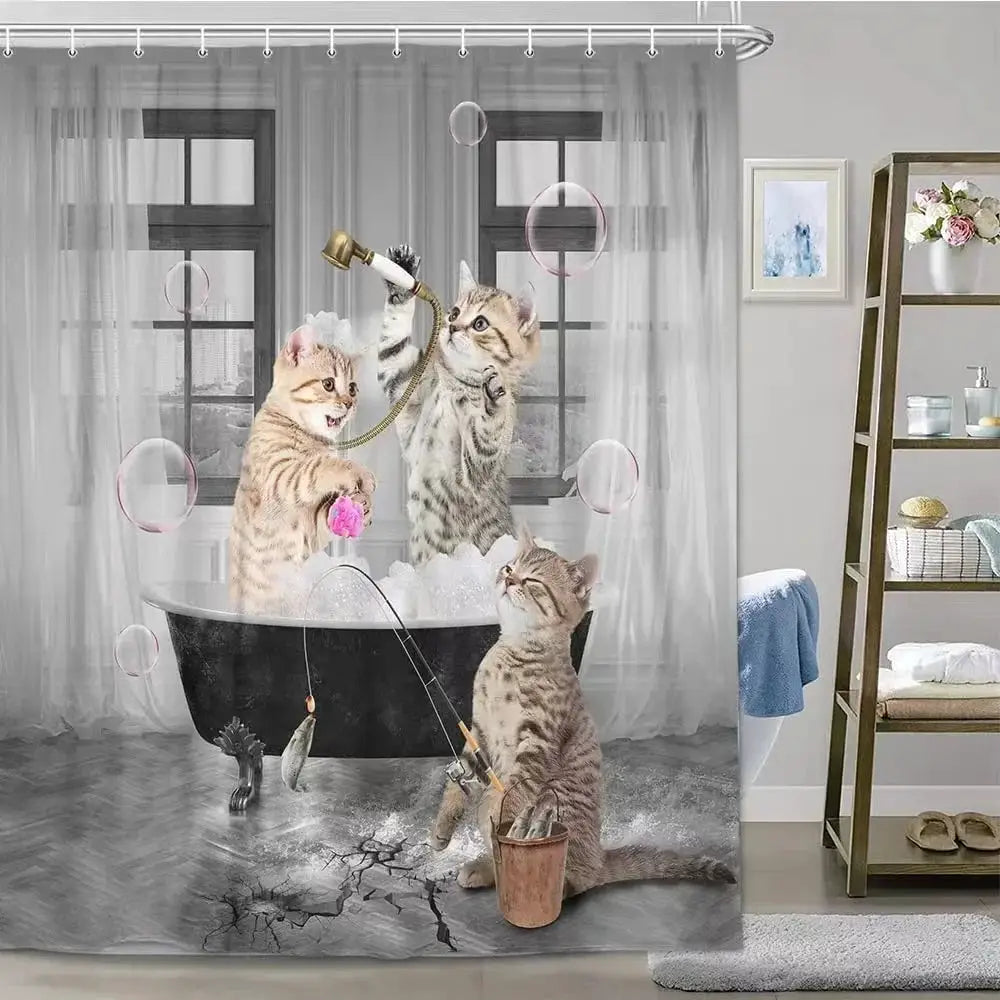Funny Cat Shower Curtain Fun Animal in Bathtub with Fish Cloth Fabric Shower Curtain Hilarious Pet Bathroom Decor Set with Hooks from PriceLows™