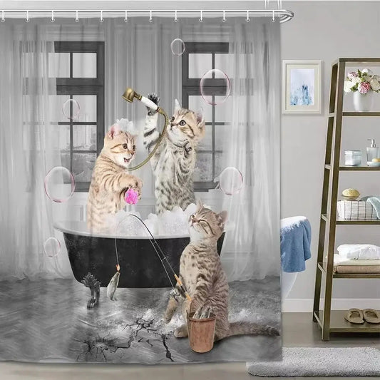Funny Cat Shower Curtain Fun Animal in Bathtub with Fish Cloth Fabric Shower Curtain Hilarious Pet Bathroom Decor Set with Hooks from PriceLows™