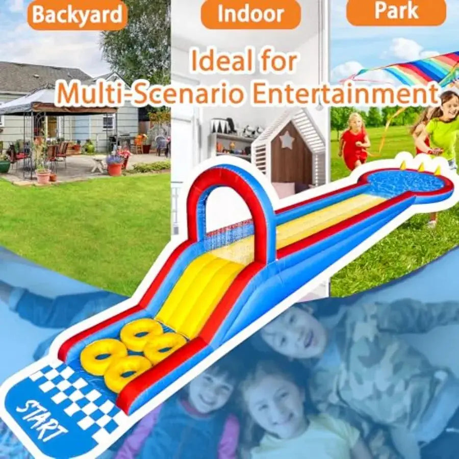 Outdoor backyard water bounce house: 31FT inflatable water slide park with obstacle courses climbing ramp splash pool overhead from PriceLows™