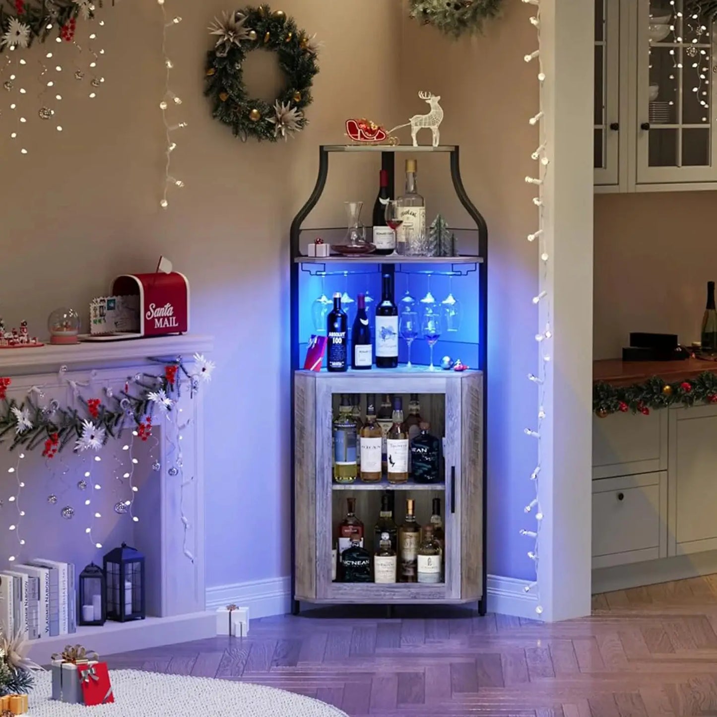 Corner Bar Cabinet Freestanding 5-Tier Wine & Spirits Rack with LED Lights Adjustable Shelves Glass Holder & Mesh Doors for Bar from PriceLows™
