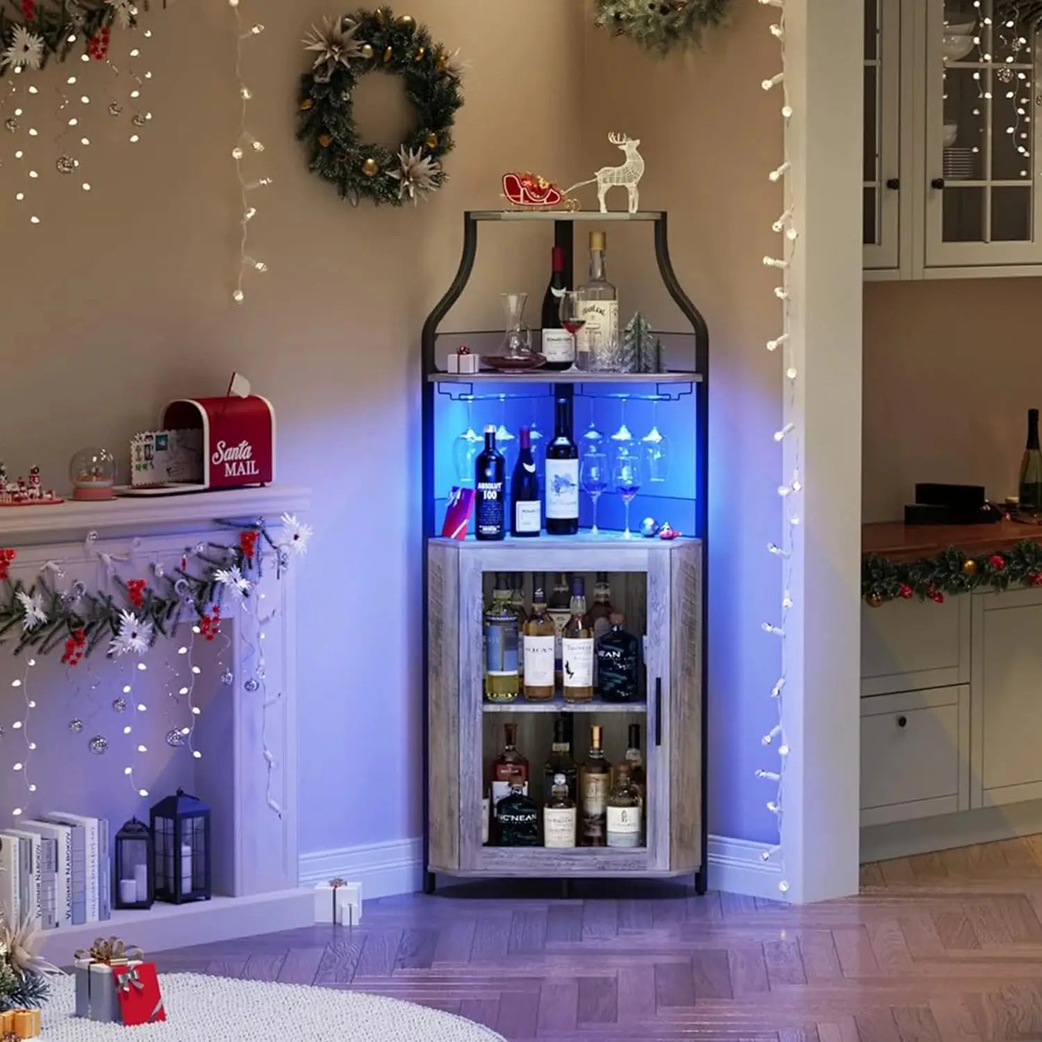 Corner Bar Cabinet Freestanding 5-Tier Wine & Spirits Rack with LED Lights Adjustable Shelves Glass Holder & Mesh Doors for Bar from PriceLows™