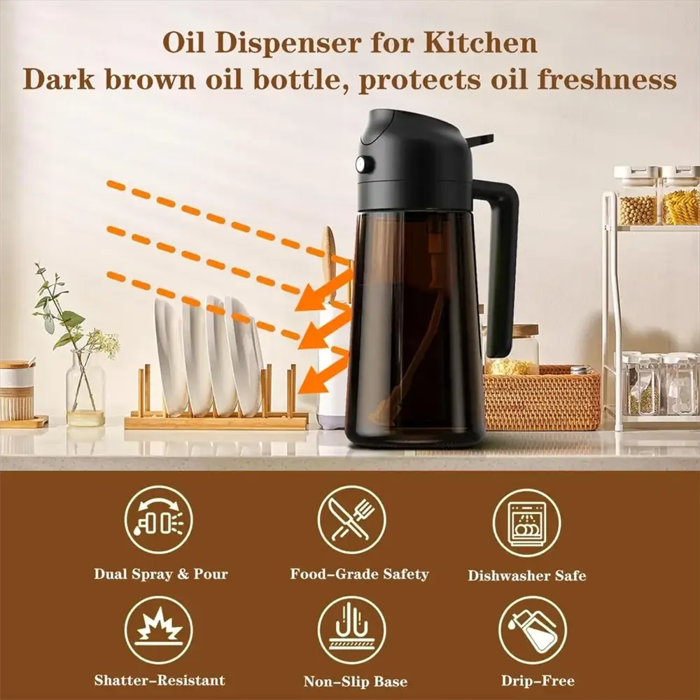 Oil Dispenser | 2-in-1 Sprayer | Glass, Leakproof | 16oz