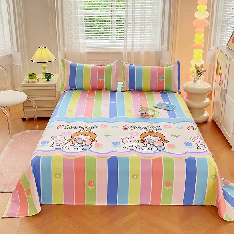 1PC or 3PCS Bed Flat Sheet Pillowcases Bed Cartoon Printed Top Sheets Single/Queen/King Flat Bedsheets Home Bed Linen Sheets from PriceLows™