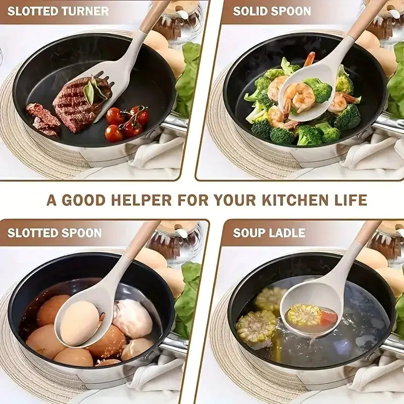 7-Piece Silicone Kitchen Utensil Set Non-Stick Cooking Tools with Heat Resistant Beechwood Handle for Baking & Cooking Spatula from PriceLows™