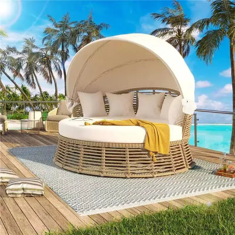 Outdoor Patio Rattan Round Daybed with Retractable Canopy Wicker Furniture Round Poolside Sofa Sunbed with Removable Cushions (B from PriceLows™