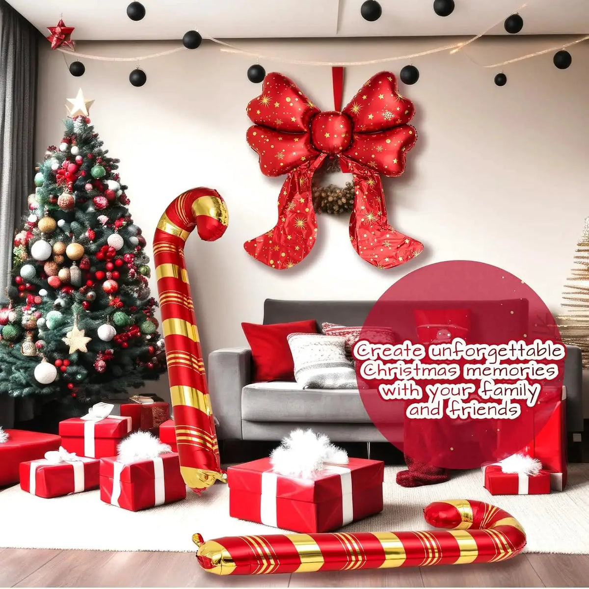 Giant Christmas Balloon Set | 3 Piece | Red Bow And Candy Cane | 5.7 Feet