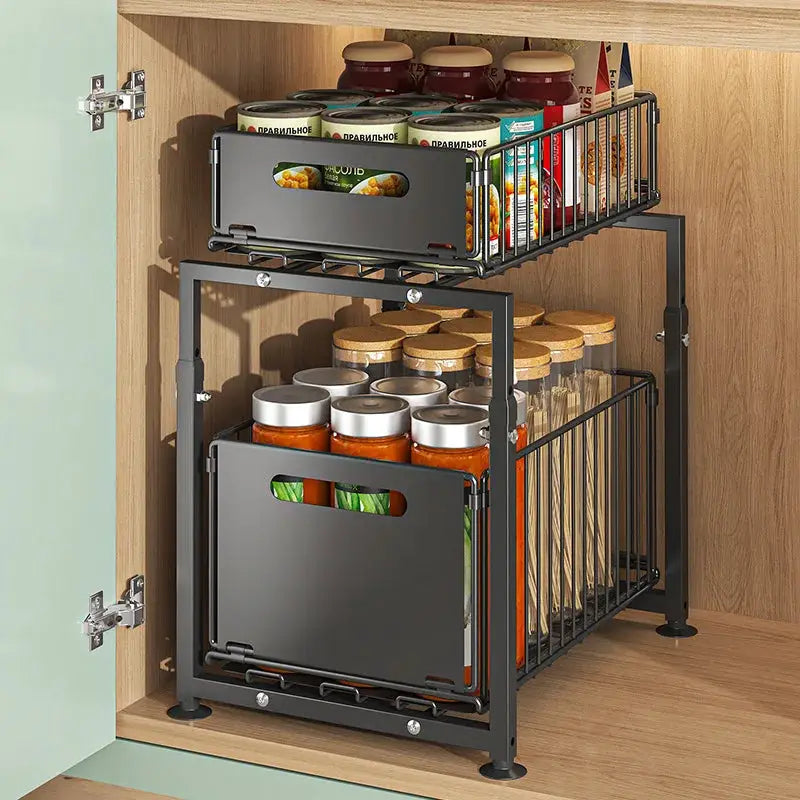 2 Tier Slide Out Cabinet Organizer Heavy Duty, Under Sink Storage Shelf for Kitchen Bathroom, Adjustable Metal Shelf 1/2 Pack from PriceLows™