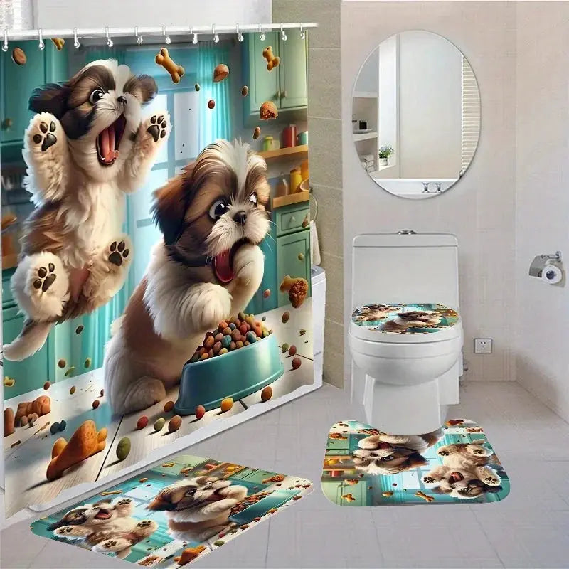 4 Piece Funny Puppy Dog Shower Curtain Set - Cartoon Pet Bathroom Decor with Rugs - Washable Fabric Curtain and Toilet Lid Cover from PriceLows™