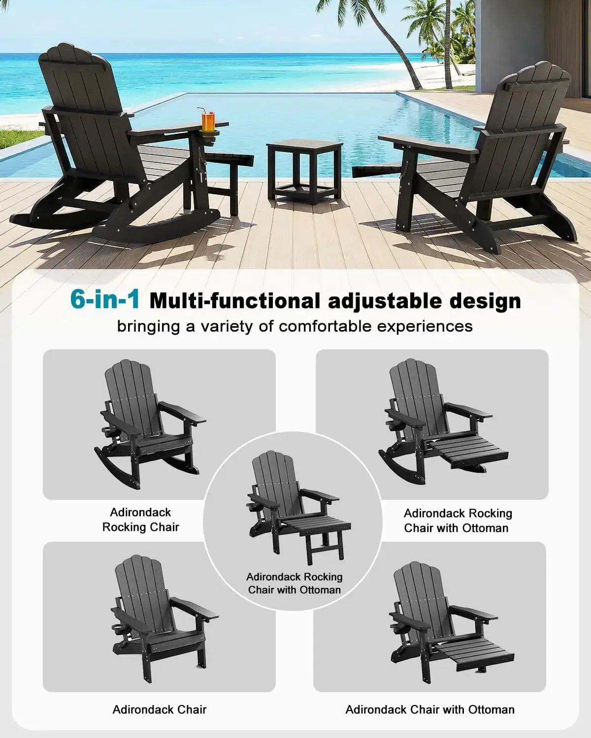 Adirondack Rocking Chairs with Retractable Ottoman & Cup Holders, 6-in-1 Folding HDPE Outdoor Rockers for Patio, Porch, Lawn from PriceLows™