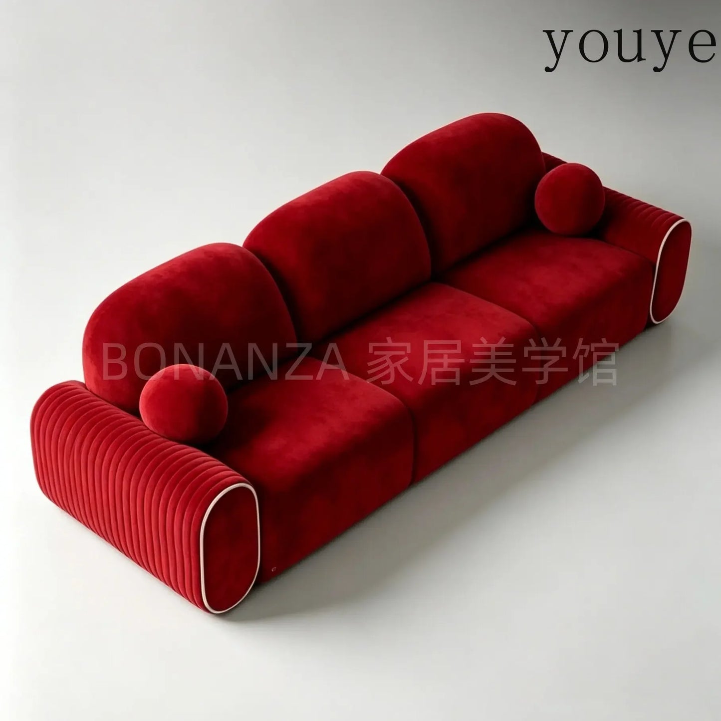 Sofa | Red Velvet | Pleated Armrests Piping | Three-Seater